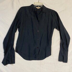 Vintage Hartley's Button Up Shirt Womens L Black Pure Silk Bishop Sleeve Classic